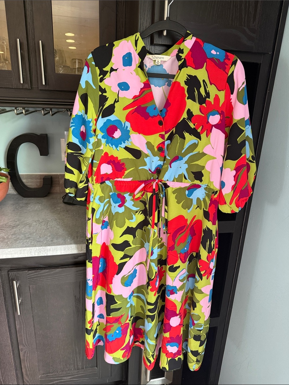 52SEVEN Retro Olive Multicolor Floral Midi Dress with Tie Waist
